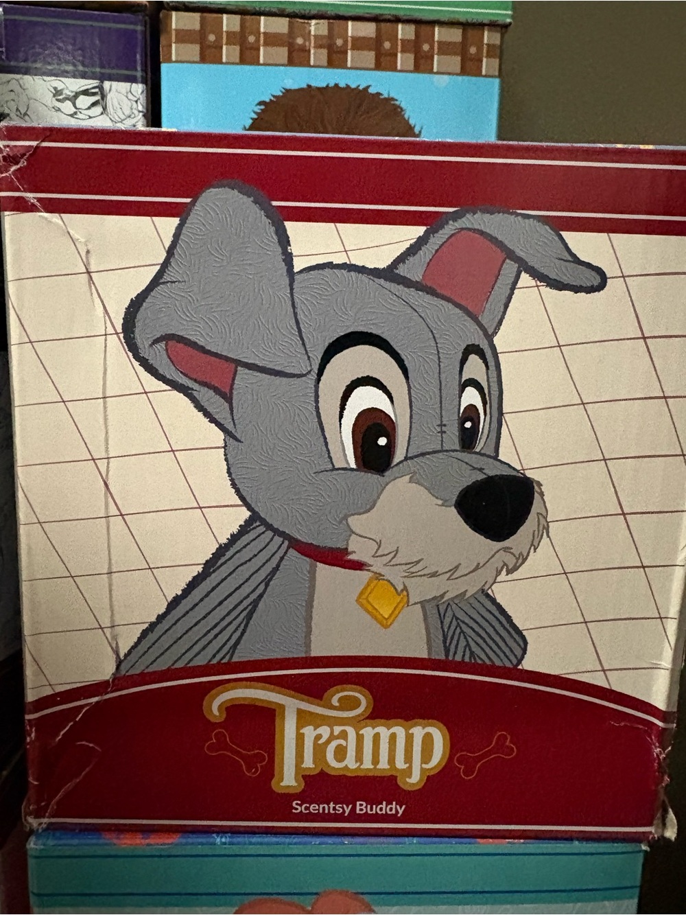 Scentsy Tramp Plush Buddy in Gray with Red Collar and Yellow Tag